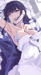 Rule 34 | 1girl, absurdres, armpits, bed sheet, black hair, blue archive, blue eyes, breasts, choker, cleavage, closed mouth, dress, elbow gloves, gloves, gubbi on, highres, large breasts, long hair, looking at viewer, official alternate costume, saori (blue archive), saori (dress) (blue archive), solo, white choker, white dress, white gloves