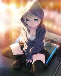 Rule 34 | 1girl, black skirt, black thighhighs, blue eyes, blush, boots, breasts, can, cleavage, collarbone, eyebrows, hood, hoodie, looking at viewer, original, pleated skirt, rezi, short hair, silver hair, sitting, skirt, small breasts, solo, tank top, thighhighs, zettai ryouiki
