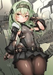 Rule 34 | armored gloves, belt pouch, black bodysuit, black ribbon, black skirt, bodysuit, breasts, brown pantyhose, cameltoe, closed mouth, covered navel, doyouwantto, fur collar, goddess of victory: nikke, green hair, hair ribbon, hairband, kilo (nikke), long hair, long sleeves, covered erect nipples, pantyhose, pouch, ribbon, skin tight, skirt, small breasts, smile, thighs, yellow eyes
