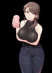 Rule 34 | 1girl, an00424, artificial vagina, blush, breasts, brown hair, character request, denim, jeans, large breasts, mature female, pants, purple eyes, ribbed shirt, sex toy, shirt, smile