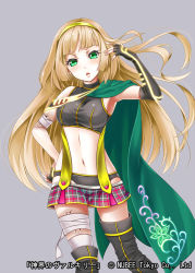 Rule 34 | 1girl, armpits, asymmetrical gloves, bad id, bad pixiv id, black gloves, black panties, blonde hair, boots, breasts, cape, crop top, detached sleeves, elbow gloves, fingerless gloves, gloves, green eyes, grey background, haguda tofu (hakudatofu), hairband, hand in own hair, hand on own hip, highres, long hair, medium breasts, microskirt, midriff, navel, panties, shinkai no valkyrie, simple background, skirt, solo, thigh boots, thighhighs, underwear, uneven gloves, yellow hairband