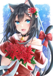 Rule 34 | 1girl, :d, animal ear fluff, animal ears, bell, black collar, black hair, blue eyes, blush, bow, capelet, cat ears, cat girl, cat tail, christmas, clip studio paint (medium), collar, collarbone, commentary request, dress, fang, flower, fur-trimmed capelet, fur trim, hair between eyes, hair flower, hair ornament, highres, holding, holding flower, long hair, looking at viewer, neck bell, off shoulder, open mouth, original, petals, red bow, red capelet, red dress, red flower, ringouulu, santa costume, smile, snowflakes, solo, striped, striped bow, tail, tail bow, tail ornament, tail raised, twitter username, very long hair