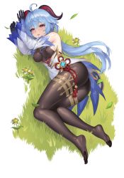 Rule 34 | 1girl, absurdres, ahoge, ass, bare shoulders, bell, black gloves, black legwear, blue hair, blush, bodystocking, breasts, covered erect nipples, detached sleeves, flower, flower knot, full body, ganyu (genshin impact), genshin impact, gloves, grass, highres, horns, karmiel, long hair, long sleeves, looking at viewer, lying, medium breasts, no shoes, on grass, on side, parted lips, pink lips, purple eyes, red ribbon, ribbon, solo, tassel, very long hair, vision (genshin impact)