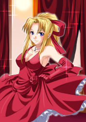 Rule 34 | 1girl, blonde hair, blue eyes, blush, breasts, cleavage, curtains, detached sleeves, dress, earrings, elbow gloves, gloves, indoors, inue shinsuke, jewelry, kiriya erika, large breasts, long hair, looking at viewer, necklace, pantyhose, ponytail, red dress, ribbon, smile, solo, sparkle, stud earrings, tsuyokiss