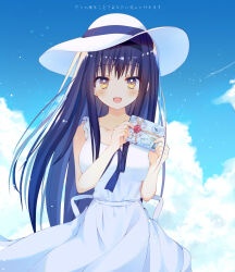 Rule 34 | 1girl, :d, aiyan, black hair, black hairband, blue sky, blush, box, breasts, cloud, collarbone, commentary request, cowboy shot, day, dress, eyelashes, eyes visible through hair, floating hair, gift, gift box, hair between eyes, hairband, hands up, highres, holding, holding gift, kushima kamome, large breasts, long hair, looking at viewer, open mouth, outdoors, ribbon, sidelocks, sky, sleeveless, sleeveless dress, smile, solo, standing, straight-on, straight hair, summer pockets, sundress, translation request, very long hair, white dress, white headwear, white ribbon, yellow eyes