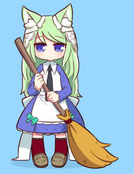 Rule 34 | 1girl, 7th dragon, 7th dragon (series), animal ear fluff, animal ears, apron, arietta (7th dragon), black necktie, blue background, blue dress, blue eyes, blush, bow, broom, brown footwear, collared dress, commentary request, dress, full body, green hair, hair ornament, highres, holding, holding broom, loafers, long hair, long sleeves, looking at viewer, naga u, necktie, red thighhighs, shadow, shoes, solo, standing, thighhighs, very long hair, white apron, white bow