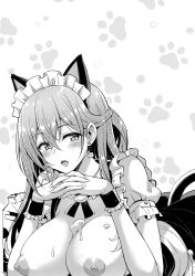 Rule 34 | 1girl, :o, animal ears, blush, boku no kanojo sensei, breasts, breasts out, cat ears, cat tail, cream, crossed bangs, earrings, embarrassed, fake animal ears, fake tail, female focus, frills, fujiki maka, highres, jewelry, large breasts, long hair, looking at viewer, lying, maid, maid headdress, milk box, monochrome, nipples, on stomach, open mouth, oryo (oryo04), own hands together, sdwing, sexually suggestive, simple background, smile, solo, tail