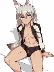 Rule 34 | animal ears, arm support, collarbone, expressionless, fox ears, fox tail, green eyes, kageshio (276006), long hair, navel, no bra, shadow, shorts, silver hair, simple background, solo, spread legs, tail