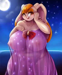 Rule 34 | 1girl, absurdres, breasts, cleft of venus, curvy, eyelashes, furry, half-closed eyes, highres, huge breasts, looking at viewer, mature female, mleonheart, moon, navel, night, nightgown, nipples, nude, open mouth, orange eyes, orange hair, plump, pussy, rabbit ears, revealing clothes, see-through, sky, sonic (series), standing, star (sky), starry sky, thick thighs, thighs, uncensored, vanilla the rabbit, wide hips