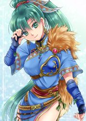 Rule 34 | 1girl, armor, blue dress, capelet, chika 1, dress, earrings, fingerless gloves, fire emblem, fire emblem heroes, fur capelet, gloves, green eyes, green hair, highres, jewelry, long hair, looking at viewer, lyn (fire emblem), necklace, nintendo, ponytail, rope belt, smile, thighs, very long hair