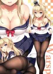 Rule 34 | 10s, 1girl, alternate costume, ass, bare shoulders, blonde hair, blue eyes, blue skirt, braid, breasts, character name, checkered background, clothes lift, collarbone, crown, french braid, gloves, gusset, headband, kantai collection, kase daiki, large breasts, lifting own clothes, lips, long hair, mini crown, multiple views, open mouth, panties, panties under pantyhose, pantyhose, pleated skirt, school uniform, serafuku, skirt, skirt lift, teeth, thighband pantyhose, underwear, warspite (kancolle), white gloves, yellow background