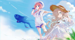 Rule 34 | 2girls, alternate costume, animal, asukayou, blonde hair, blue eyes, blue hair, blue ribbon, blue sky, blunt bangs, cabbie hat, chinese commentary, cloud, cloudy sky, commentary request, contrail, day, dress, dress flower, feet out of frame, fish, floating hair, flower, flying fish, frilled dress, frills, from below, grass, hair over one eye, hair over shoulder, hand on headwear, hand on own head, hand on own knee, hand up, hat, highres, hood, hood down, hoodie, isekai joucho, kaf (kamitsubaki studio), kamitsubaki studio, knees up, laplace (kamitsubaki studio), long hair, looking to the side, low ponytail, multicolored eyes, multicolored hair, multiple girls, off-shoulder dress, off shoulder, outdoors, overalls, oversized animal, parted lips, pink hair, red eyes, ribbon, short shorts, short sleeves, shorts, sideways glance, sitting, sky, standing, straw hat, streaked hair, sundress, very long hair, virtual youtuber, wavy hair, white dress, white flower, white hoodie, white overalls, wind, wrist ribbon, yellow pupils