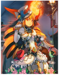 Rule 34 | 1girl, :&lt;, absurdres, armor, belt, belt pouch, blue bow, bow, bracelet, breastplate, brooch, brown hair, buttons, cowboy shot, drill hair, elbow gloves, flower, full moon, gauntlets, gem, gloves, hat, hat bow, highres, jewelry, kaku-san-sei million arthur, ky (nimbusky), long hair, looking at viewer, million arthur (series), moon, night, night sky, outdoors, parted lips, pauldrons, plant, pocket, pouch, red eyes, scan, sheath, shoulder armor, sky, standing, sword, top hat, tree, twin drills, twintails, unsheathing, very long hair, weapon