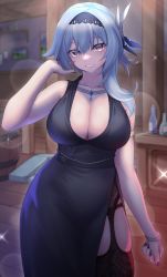 Rule 34 | 1girl, absurdres, alternate costume, bare arms, bare shoulders, barrel, black dress, black thighhighs, blue hair, bracelet, breasts, commentary request, cowboy shot, dress, eula (genshin impact), genshin impact, grin, hair between eyes, hair ornament, hand up, highres, indoors, jewelry, kirima (user danf8787), large breasts, lens flare, looking back, medium hair, nail polish, purple eyes, purple nails, side slit, smile, solo, sparkle, standing, thighhighs