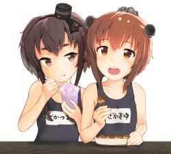 Rule 34 | 2girls, :p, anchor symbol, black hair, blue one-piece swimsuit, blush, brown eyes, brown hair, clothes writing, collarbone, commentary request, drinking straw, eating, flat chest, food, gradient hair, hairband, hat, headgear, headset, highres, holding, holding drinking straw, holding food, holding spoon, ice, kantai collection, mini hat, multicolored hair, multiple girls, name tag, one-piece swimsuit, open mouth, purple eyes, school swimsuit, shaved ice, shiki no miko, short hair, short hair with long locks, speaking tube headset, spoon, swimsuit, table, takoyaki, thick eyebrows, tokitsukaze (kancolle), tongue, tongue out, toothpick, upper body, white background, yukikaze (kancolle)