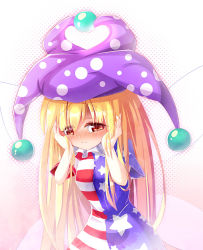 Rule 34 | 1girl, american flag dress, american flag shirt, blonde hair, blush, clownpiece, fairy wings, full-face blush, gradient background, hands on own face, hat, jester cap, long hair, looking at viewer, red eyes, shirt, short sleeves, solo, touhou, upper body, wings, z.o.b