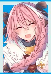 Rule 34 | 1boy, ^ ^, astolfo (fate), bad id, bad pixiv id, big hair, black bow, black shirt, blue background, blush, bow, braid, buckle, cloak, closed eyes, commentary request, facing viewer, fang, fate/apocrypha, fate (series), fur-trimmed cloak, fur collar, fur trim, gorget, hair between eyes, hair bow, hair intakes, hair over shoulder, happy, head tilt, lips, long hair, male focus, multicolored hair, open mouth, outside border, parted bangs, pink hair, raised eyebrows, shirt, shisei (kyuushoku banchou), short eyebrows, simple background, single braid, skin fang, solo, streaked hair, trap, turtleneck, two-tone hair, upper body, white cloak, white hair