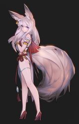 Rule 34 | 1girl, animal ear fluff, animal ears, ass, bad id, bad pixiv id, black background, blade &amp; soul, blue eyes, breasts, brown hair, dress, earrings, from behind, full body, hand on own chest, high heels, highres, jewelry, kneepits, large tail, legs, long hair, long tail, looking back, lyn (blade &amp; soul), pelvic curtain, shoes, sideboob, simple background, solo, tail, thighhighs, white thighhighs, wolf ears, wolf tail