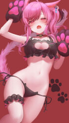 Rule 34 | 1girl, animal hands, arm up, bare arms, bare shoulders, bell, black bra, black choker, black garter, black panties, blush, bra, breasts, bridal garter, cat cutout, cat ear panties, cat girl, cat lingerie, cat paws, cat tail, choker, cleavage, cleavage cutout, clothing cutout, commission, crescent, crescent hair ornament, eyelashes, facial mark, fang, final fantasy, final fantasy xiv, frilled bra, frilled garter, frills, hair ornament, half-closed eyes, hand up, highres, jingle bell, long hair, looking at viewer, medium breasts, meme attire, metatarou, miqo&#039;te, navel, neck bell, open mouth, panties, paw print, paw print background, pink eyes, pink hair, red background, side-tie panties, side ponytail, simple background, skeb commission, skin fang, solo, stomach, string panties, swept bangs, tail, tail raised, thighs, underwear, underwear only, warrior of light (ff14), whisker markings