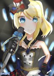 Rule 34 | 1girl, aqua flower, artist name, artist request, ayase eli, bare shoulders, black gloves, blonde hair, blue eyes, blue necktie, blue skirt, blush, bow, breasts, checkered clothes, checkered skirt, close-up, collarbone, dress, elbow gloves, female focus, gloves, glowstick, hair between eyes, hand on own hip, hat, hat bow, high ponytail, holding, holding microphone, holding microphone stand, long hair, looking at viewer, love live!, love live! school idol festival, love live! school idol project, microphone, microphone stand, mini hat, mini top hat, miniskirt, musical note, necktie, on stage, parted lips, plaid, plaid dress, plaid skirt, pleated, pleated dress, pleated skirt, ponytail, red skirt, single elbow glove, single wrist cuff, skirt, small breasts, smile, solo, stage, stage lights, striped necktie, striped neckwear, tie clip, top hat, treble clef, two-tone shirt, white skirt, wing collar, wrist cuffs