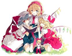 Rule 34 | 3girls, alice margatroid, apron, bad id, bad twitter id, bat wings, blonde hair, blue dress, blue eyes, blue hair, blush, book, bow, capelet, cierra (ra-bit), closed eyes, crystal, doll, dress, family, flandre scarlet, frills, hair ribbon, hairband, hat, hat ribbon, kneeling, lolita hairband, long hair, looking at another, mob cap, multiple girls, necktie, open book, open mouth, ponytail, puffy sleeves, red eyes, remilia scarlet, ribbon, sash, shanghai doll, shirt, short hair, short sleeves, siblings, side ponytail, simple background, sisters, sitting, skirt, skirt set, smile, touhou, tree shade, vest, waist apron, white background, wings