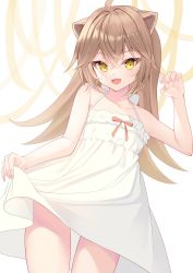 Rule 34 | 1girl, :d, animal ears, artist request, bare arms, bare shoulders, brown hair, claw pose, collarbone, cowboy shot, dress, fingernails, flat chest, frilled dress, frills, hair between eyes, hair intakes, highres, indie virtual youtuber, karijo, lion ears, lion girl, long hair, looking at viewer, open mouth, rurudo lion, rurudo lion (1st costume), short dress, skirt hold, sleeveless, sleeveless dress, smile, solo, spaghetti strap, spiked hair, sundress, virtual youtuber, white dress, yellow eyes