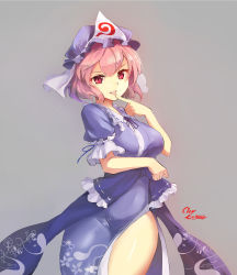Rule 34 | 1girl, arm under breasts, artist name, blue kimono, breasts, clear echoes, finger to mouth, grey background, hat, highres, japanese clothes, kimono, looking at viewer, medium breasts, mob cap, open mouth, pink hair, red eyes, saigyouji yuyuko, short hair, short sleeves, smile, solo, standing, thighs, touhou, triangular headpiece