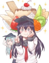 Rule 34 | + +, 2girls, akatsuki (kancolle), anchor symbol, az toride, black hair, black sailor collar, black skirt, blue eyes, cherry, commentary request, eating, flat cap, food, fruit, hand on own face, hat, hibiki (kancolle), holding, holding spoon, kantai collection, long hair, looking at viewer, mouth hold, multiple girls, neckerchief, pleated skirt, pudding, purple eyes, red neckerchief, sailor collar, school uniform, serafuku, silver hair, simple background, skirt, sparkle, spoon, upper body, white background