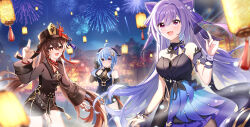 Rule 34 | 3girls, absurdres, ahoge, black dress, black gloves, blue hair, brown hair, china dress, chinese clothes, cone hair bun, double bun, dress, fireworks, floating hair, flower-shaped pupils, ganyu (genshin impact), ganyu (twilight blossom) (genshin impact), genshin impact, gloves, goat horns, hair bun, hand up, highres, horns, hu tao (genshin impact), keqing (genshin impact), keqing (opulent splendor) (genshin impact), long sleeves, looking at viewer, multiple girls, night, night sky, official alternate costume, open mouth, outdoors, pink eyes, purple hair, red eyes, sidelocks, sky, smile, symbol-shaped pupils, twintails, yaoneko