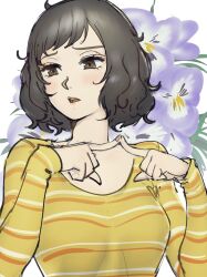Rule 34 | 1girl, absurdres, black hair, blush, breasts, brown eyes, collarbone, floral background, flower, furrowed brow, highres, index fingers together, kawakami sadayo, looking away, medium breasts, open mouth, persona, persona 5, poechan chan, shirt, short hair, sketch, solo, striped clothes, striped shirt, yellow shirt