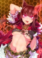 Rule 34 | 1girl, amo takumi, animal ears, arm behind head, blunt bangs, breasts, breasts apart, brown hair, capelet, fangs, fingerless gloves, fingernails, frills, fur trim, gloves, glowing, glowing eyes, hexagon, highres, honeycomb (pattern), honeycomb background, kureha (666) (sound voltex), kureha (sound voltex), long fingernails, long hair, looking at viewer, medium breasts, midriff, nail polish, navel, pink eyes, solo, sound voltex, stomach, tagme, tongue, tongue out, underboob, wolf ears