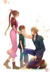 Rule 34 | 1girl, 2boys, aerith gainsborough, bangle, black pants, black shirt, blonde hair, blue eyes, boots, bracelet, braid, braided ponytail, breasts, buttons, chest strap, child, choker, closed eyes, cloud strife, cropped jacket, denzel (ff7), dress, earrings, final fantasy, final fantasy vii, final fantasy vii advent children, full body, green shirt, grey pants, hair between eyes, hair ribbon, halu-ca, hand on another&#039;s head, hand on own leg, hands on another&#039;s shoulders, highres, jacket, jewelry, long dress, long sleeves, looking at another, medium breasts, multiple boys, muscular, muscular male, on one knee, open clothes, open shirt, pants, parted bangs, pink dress, profile, red jacket, ribbon, shirt, short hair, short sleeves, sidelocks, single earring, smile, spiked hair, square enix, standing, wavy hair, white background, white shirt