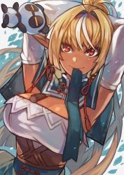 Rule 34 | 1girl, arms behind head, arms up, blonde hair, blue capelet, breasts, capelet, cleavage, closed mouth, dark-skinned female, dark elf, dark skin, detached sleeves, elf, female focus, hair intakes, high ponytail, hololive, kintsuba (shiranui flare), large breasts, long hair, long sleeves, mouth hold, multicolored hair, pointy ears, ponytail, red eyes, rumie, shiranui flare, shiranui flare (old design), smile, solo, streaked hair, two-tone hair, very long hair, virtual youtuber, white hair