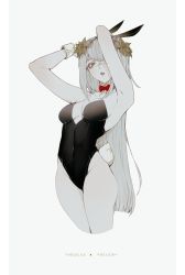 Rule 34 | 1girl, absurdres, android, animal ears, artist name, bare shoulders, black leotard, breasts, collaboration, collar, commentary, cropped legs, detached collar, english commentary, fake animal ears, flower, grey background, hair flower, hair ornament, highres, indie virtual youtuber, leaning back, leotard, long hair, looking to the side, medium breasts, metal skin, open mouth, playboy bunny, rabbit ears, science fiction, silver hair, solo, the cecile, the cecile (vtuber), very long hair, virtual youtuber, yellow eyes, yoclesh