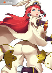 Rule 34 | 1girl, arc system works, ass, blazblue, blue eyes, boots, breasts, cape, from behind, gloves, hair tubes, hat, long hair, looking at viewer, military, military uniform, open mouth, patreon, red hair, solo, sword, tsubaki yayoi, uniform, weapon, yfstudio