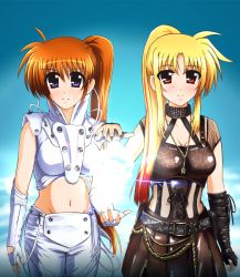 Rule 34 | 00s, 2girls, album cover, alternate costume, belt, blonde hair, blue eyes, blush, breasts, brown hair, buckle, cleavage, cloud, collar, cover, diesel-turbo, elbow gloves, fate testarossa, fingerless gloves, gloves, jewelry, long hair, looking at viewer, lyrical nanoha, mahou shoujo lyrical nanoha strikers, md5 mismatch, midriff, mizuki nana, multiple girls, navel, necklace, orange hair, pants, ponytail, purple eyes, red eyes, voice actor connection, side ponytail, sky, smile, t.m.revolution, takamachi nanoha, very long hair, white breath (t.m.revolution)