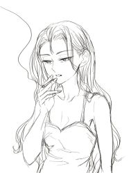 Rule 34 | 1girl, alternate costume, alternate hairstyle, anmitsu sd, armpit peek, assam (girls und panzer), bare shoulders, breasts, camisole, cigarette, cleavage, collarbone, girls und panzer, hair down, highres, holding, holding cigarette, long hair, mature female, messy hair, monochrome, aged up, sleeveless, smoke, smoking, spaghetti strap, upper body, very long hair