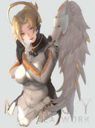 Rule 34 | 1girl, :d, alternate wings, angel wings, black gloves, blonde hair, blue eyes, bodysuit, breasts squeezed together, breasts, character name, covered navel, emblem, feathered wings, gloves, grey background, halo, high ponytail, highres, large breasts, looking at viewer, mechanical halo, mercy (overwatch), open mouth, overwatch, overwatch 1, own hands together, praying, simple background, skin tight, sky of morika, smile, solo, swiss flag, teeth, upper body, white wings, wings