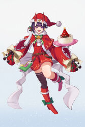 Rule 34 | 1girl, absurdres, bell, belt, boots, cake, capelet, christmas, earrings, fang, fate/grand order, fate (series), food, gift, gloves, gradient background, hat, highres, horns, izanaware game, jewelry, purple eyes, purple hair, red capelet, red shorts, santa costume, santa hat, shorts, shuten douji (fate), single thighhigh, skin-covered horns, star (symbol), star earrings, thighhighs, tray, twitter username, white gloves, wide sleeves