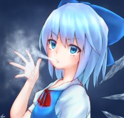 Rule 34 | 1girl, blue background, blue eyes, blue hair, breath, cirno, frost, highres, kisamu (ksmz), looking at viewer, matching hair/eyes, open hand, ribbon, short hair, signature, solo, touhou, upper body, wings