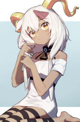 Rule 34 | 1girl, absurdres, animal ears, arknights, beeswax (arknights), beudelb, black collar, blue background, breasts, collar, dark-skinned female, dark skin, dress, goat ears, goat girl, goat horns, hair between eyes, highres, horns, infection monitor (arknights), long hair, looking at viewer, low-tied long hair, low twintails, off-shoulder dress, off shoulder, shin strap, simple background, sitting, small breasts, smile, solo, thigh strap, twintails, two-tone background, wariza, white background, white dress, yellow eyes