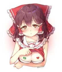 Rule 34 | 1girl, artist name, bandages, bare arms, bare shoulders, blush, bow, breast hold, breast tattoo, breasts, brown eyes, brown hair, collarbone, commentary request, cropped torso, frilled bow, frilled shirt collar, frills, gradient background, hair between eyes, hair bow, hair tubes, hakurei reimu, haruki (colorful macaron), heart, lifted by self, long hair, looking at viewer, medium breasts, pink background, red bow, sarashi, sidelocks, solo, tattoo, touhou, twitter, twitter username, upper body, white background