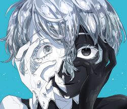 Rule 34 | 2others, androgynous, aqua hair, black eyes, black skin, blue background, cairngorm (houseki no kuni), colored skin, dissolving, eyelashes, ghost quartz (houseki no kuni), grey eyes, grey hair, grey nails, hair between eyes, hands on own cheeks, hands on own face, hands up, highres, houseki no kuni, looking at viewer, multiple others, nail polish, other focus, portrait, shards, short hair, smirk, split theme, yagi hara