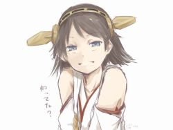 Rule 34 | 10s, 1girl, black hair, dated, detached sleeves, hairband, hiei (kancolle), japanese clothes, kantai collection, kawashina (momen silicon), looking at viewer, personification, simple background, smile, solo, translated, white background