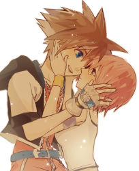 Rule 34 | 1boy, 1girl, armband, belt, belt buckle, blue belt, blue eyes, blue gloves, brown hair, buckle, chain, collarbone, fingerless gloves, gloves, grin, hand in another&#039;s hair, hand on another&#039;s face, hand on another&#039;s head, happy, hood, jewelry, kairi (kingdom hearts), kingdom hearts, kingdom hearts i, looking at another, necklace, pink hair, purple armband, purple eyes, ramochi (auti), red shorts, shirt, short hair, short sleeves, shorts, simple background, smile, sora (kingdom hearts), spiked hair, tank top, tearing up, tears, white background, white shirt, wristband, yellow wristband, zipper