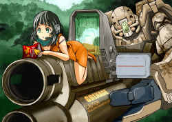 Rule 34 | 1girl, absurdres, aqua eyes, aqua scarf, black hair, blunt bangs, blunt ends, breasts, caution, character request, chips (food), cleavage, commentary request, copyright request, day, doritos, english text, food, forest, grenade launcher, headset, high heels, highres, holding, holding food, holding weapon, iozb, looking ahead, looking away, mecha, nature, on mecha, orange skirt, outdoors, pencil skirt, product placement, red bag, reflection, robot, scarf, science fiction, shadow, size difference, skirt, strap slip, sunlight, tree, weapon