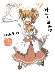Rule 34 | 1girl, arm up, blue eyes, bow, character name, dated, fang, full body, hair bow, headdress, inuno rakugaki, legs up, open mouth, orange hair, solo, sunny milk, touhou, twintails, white background, wide sleeves