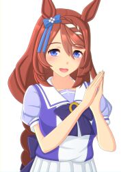 Rule 34 | 1girl, 2-butani, absurdres, alternate hairstyle, animal ears, blue eyes, bow, bowtie, braid, breasts, brown hair, commentary request, highres, horse ears, horse girl, horse tail, horseshoe ornament, large breasts, long hair, own hands together, pleated skirt, puffy short sleeves, puffy sleeves, purple bow, purple bowtie, purple serafuku, purple shirt, sailor collar, sailor shirt, school uniform, serafuku, shirt, short sleeves, simple background, skirt, solo, super creek (umamusume), tail, tracen school uniform, twin braids, umamusume, upper body, very long hair, white background