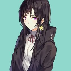 Rule 34 | 1girl, aihara mei, artist name, bad id, bad pixiv id, black hair, black jacket, chi zu crazy, citrus (saburouta), earrings, green background, jacket, jewelry, long hair, looking at viewer, neck ribbon, open clothes, open jacket, purple eyes, red ribbon, ribbon, simple background, solo, star (symbol), star earrings, sweater, upper body, white sweater