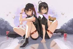 Rule 34 | 2girls, absurdres, alternate costume, arm on knee, back-to-back, backpack, bag, baseball cap, black footwear, black hair, black headwear, black shirt, boo tao (genshin impact), brown hair, candy, casual, closed mouth, commentary request, contemporary, crossed legs, food, full body, genshin impact, guoba (genshin impact), hair between eyes, hat, highres, holding, holding candy, holding food, holding lollipop, hu tao (genshin impact), ice, ice cube, knees up, lollipop, looking at viewer, lycsakd, matching outfits, medium hair, multiple girls, orange eyes, shirt, short hair, short sleeves, thighlet, unworn backpack, unworn bag, xiangling (genshin impact), yellow eyes